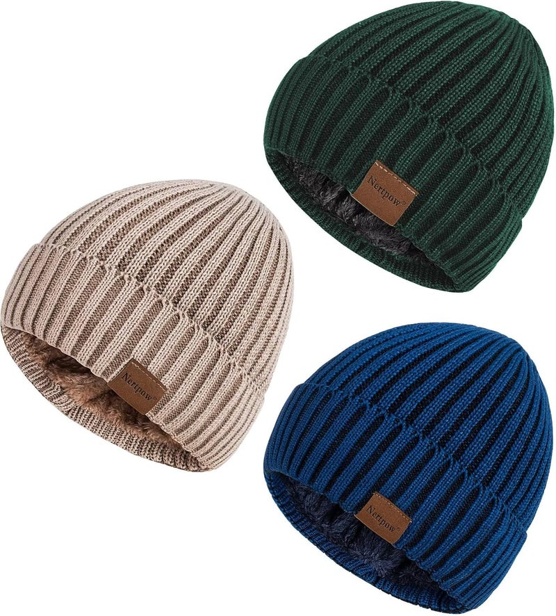 Nertpow Mens Beanie Hats 3 Pack, Winter Hats for Men Women Warm Thermal Fleece Lined, Thick Knit Fashion Skull Cap for Guys - Image 1